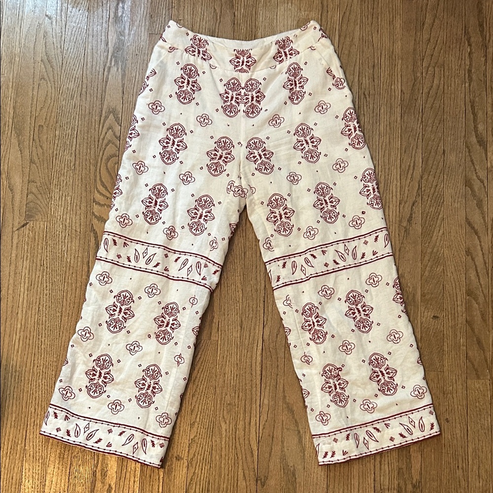 Anthropologie Linen Embroidered Capri Trousers